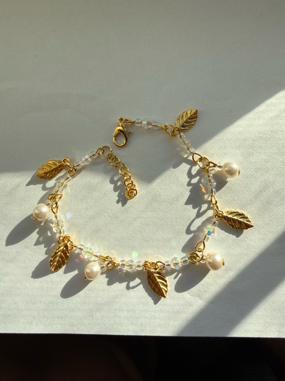 Handmade Gold Leaf & Pearl Charm Bracelet with Crystal Accents